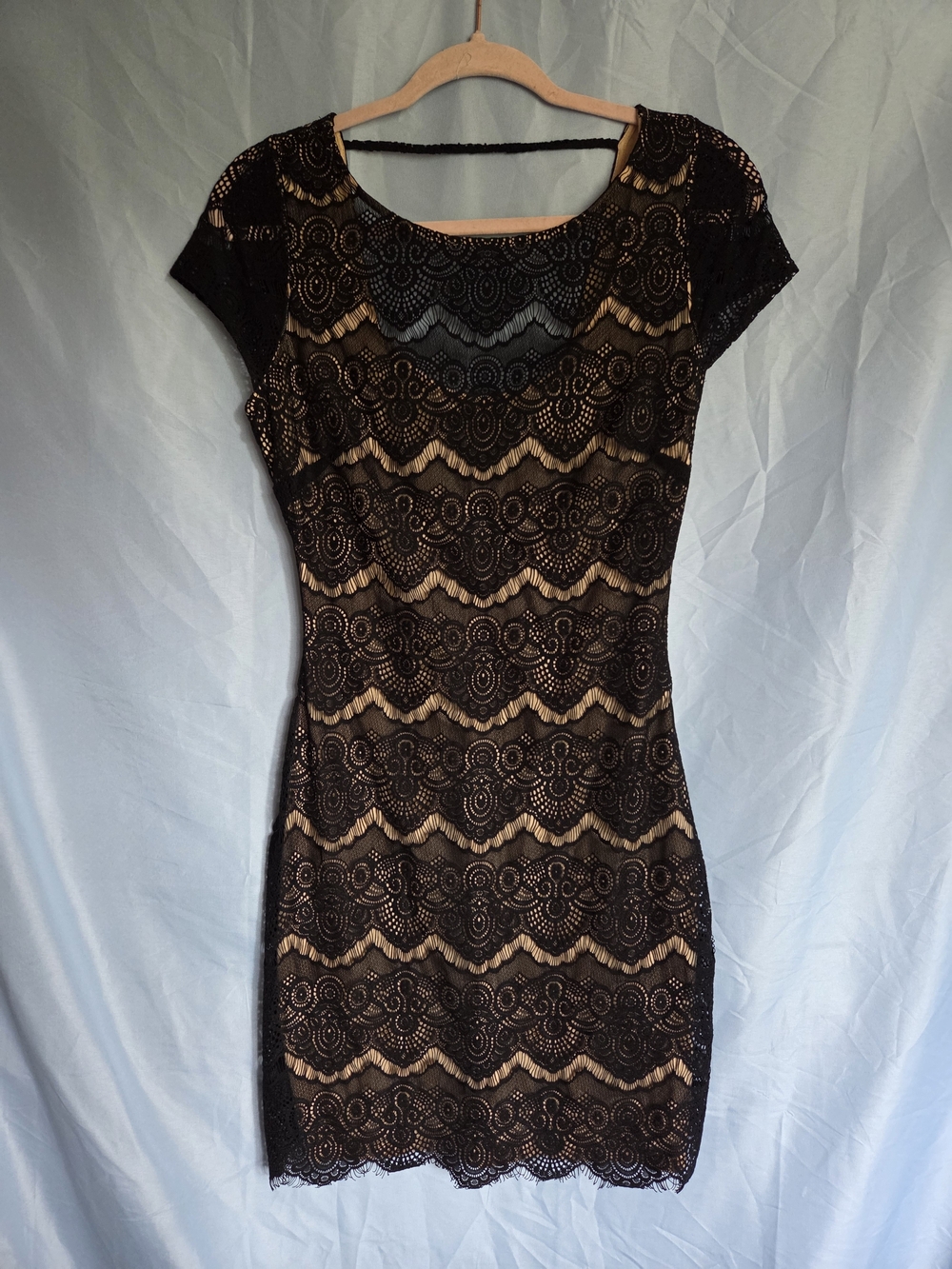 bebe Black Lace Overlay Mini Dress with Nude Underlay